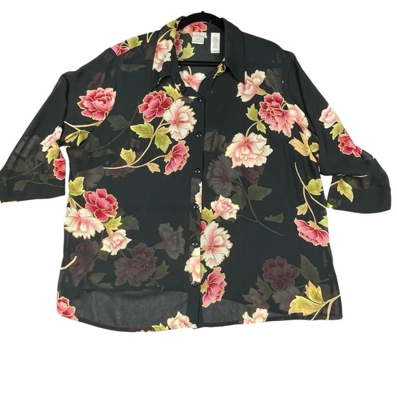 Emma James Floral 3/4 Sleeve Button-Down Romantic Feminine Sheer Blouse - Sz 20W - Picture 1 of 14
